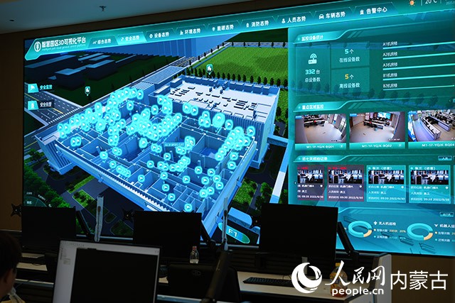 中国农业银行内蒙古数据中心智慧园区3D可视化大屏。实习生 付华摄