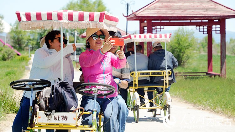 2026年5月29日，乌兰察布市岱海湖畔，游客们骑着观光自行车游览湖光春色。人民网记者 张力洋摄